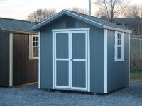 Pine Creek 8x8 HD Peak with Dark Gray walls, White trim and White shutters, and Pewter shingles