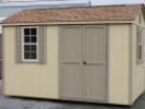 Pine Creek 8x12 HD Peak with Beige walls, PC Clay trim and PC Clay shutters, and Shakewood shingles