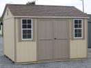 Pine Creek 10x12 HD Peak with Beige walls, PC Clay trim and PC Clay shutters, and Barkwood shingles